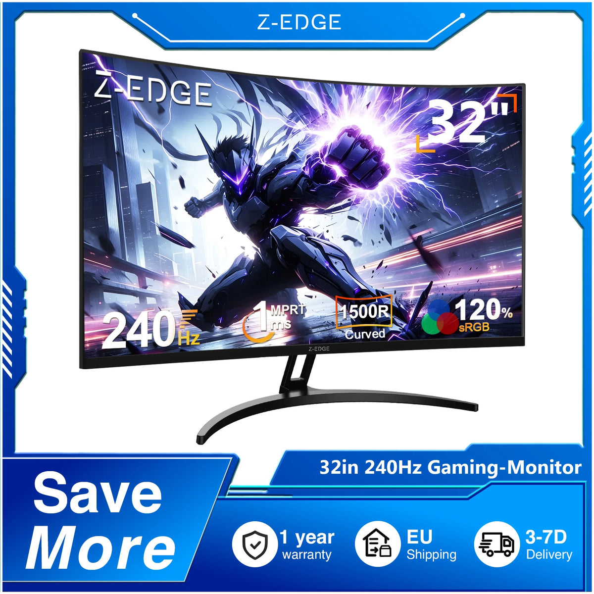 Monitor curvo para juegos Z-EDGE de 32 pulgadas, 240 Hz, monitor LED Full HD de 1920 x 1080, panel VA de 16:9, 1 ms MPRT, FreeSync, HDR10, brillo de 280 cd/m², pantalla curva de 1500R, 120 % sRGB, 3500:1, compatible con VESA