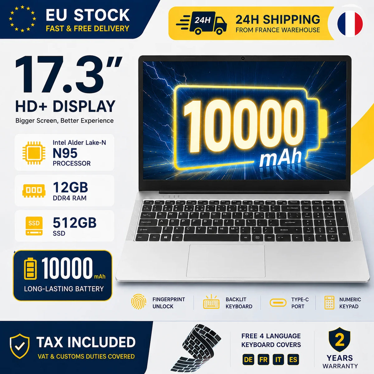 17.3 Inch HD+ Laptop Intel N95 12GB RAM 512GB SSD | Windows 11 Large Screen Office & Entertainment Notebook | Fingerprint Unlock Backlit Keyboard Type-C 10000mAh Battery Numeric Keypad (French Warehouse Tax Included)