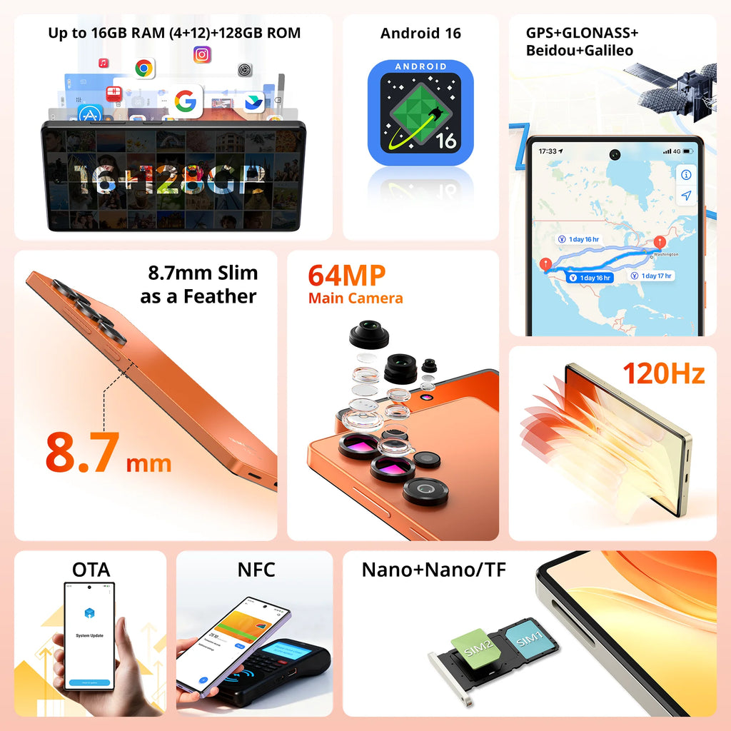 Teléfono Celular Desbloqueado OUKITEL C66 Android 16, Pantalla de 6.73 Pulgadas, Smartphone, 16GB+128GB/1TB, Batería de 5000mAh