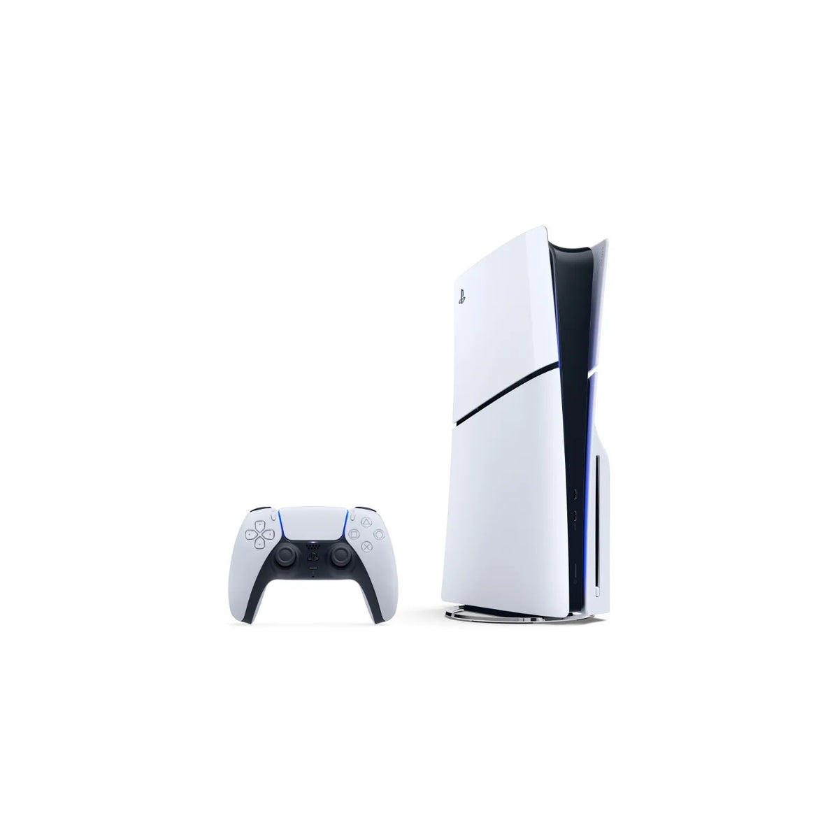 Consola PlayStation 5 Slim blanca con mando inalámbrico, vista diagonal.