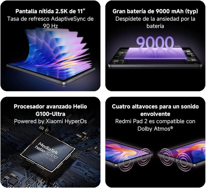 Xiaomi Redmi Pad 2 Tableta, Pantalla 11" 2.5K 90Hz, Procesador MediaTek Helio G100-Ultra, Batería 9000mAh, Carga rápida, WiFi 5 IPv6, HyperOS, Cámara 8MP, 100% Authentic &amp; Brand New