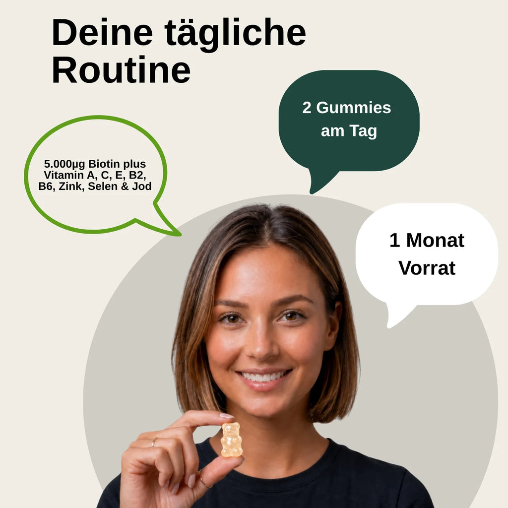 Gomitas de Biotina Compleja |     Probado en laboratorio en Alemania |     Suplementos para la salud |     Vitaminas de Belleza |     Con 5.000 µg de biotina |     Sin Adiciones Innecesarias |     Vegano |     60 gomitas |