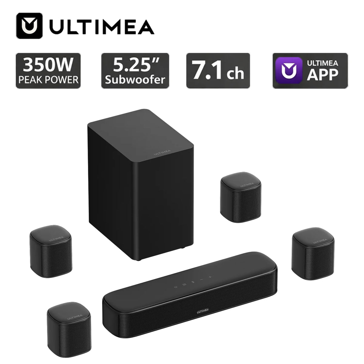 ULTIMEA 350W Sistema de Barra de Sonido 7.1ch para TV con Subwoofer y 4 Altavoces Envolventes, Sonido Envolvente de Cine en Casa, Control por App, HDMI ARC