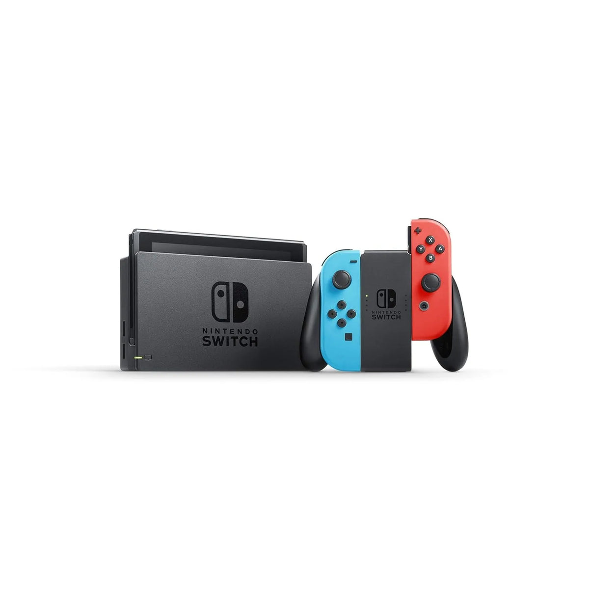 Consola Nintendo Switch y Joy-Con azul neón y rojo neón, vista lateral sobre fondo claro