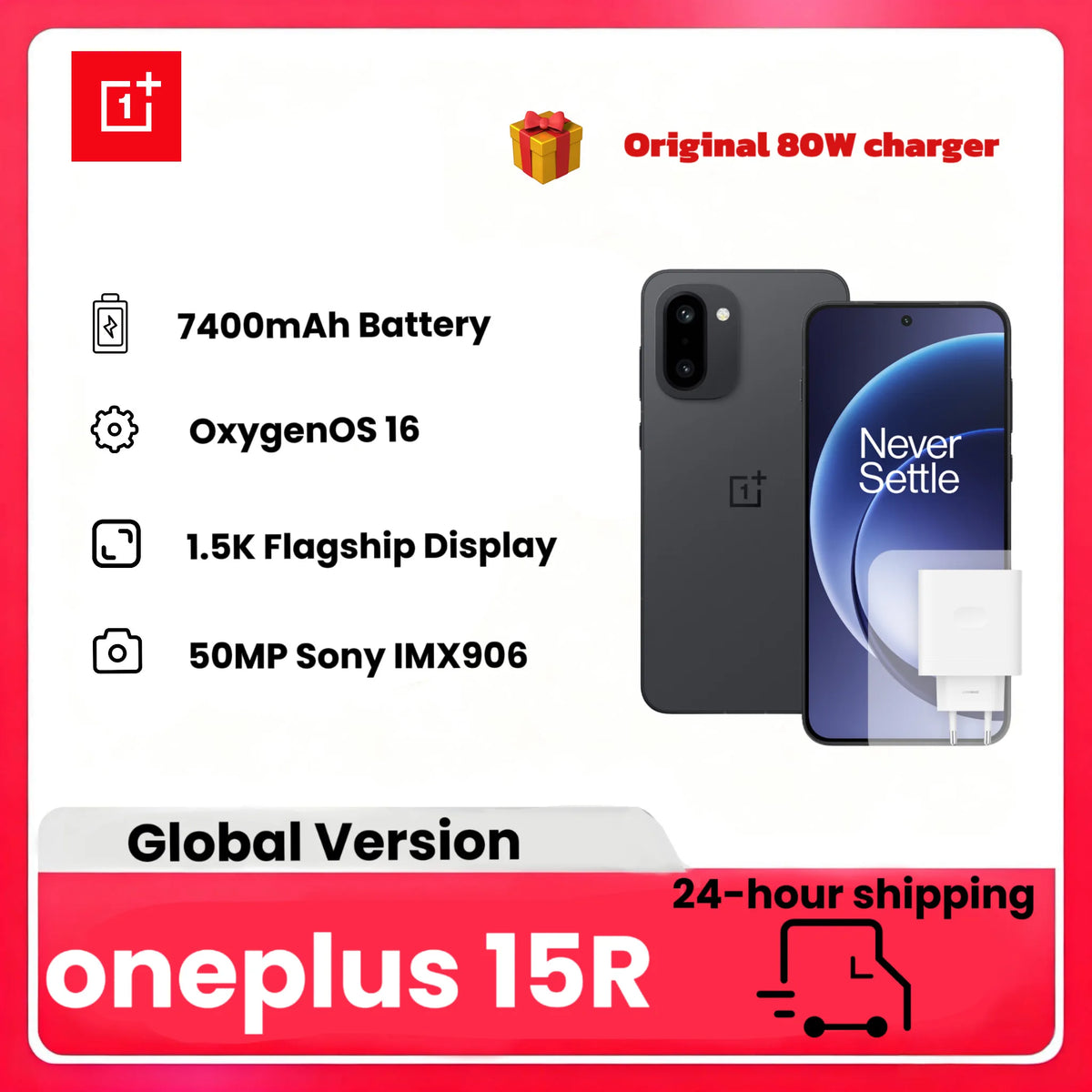 Teléfono móvil OnePlus 15R 5G con IA, 12 GB de RAM, 512 GB de ROM, pantalla AMOLED de 6,83", batería de 7400 mAh, resistencia al agua IP68 y cargador de 80 W
