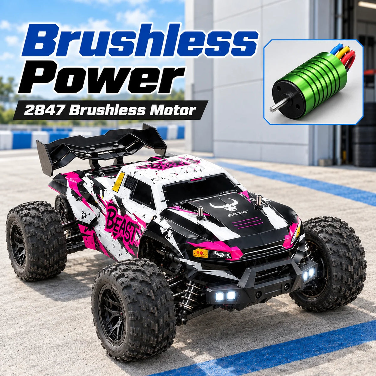 ZNLYRION, coche teledirigido RC todoterreno, camión monstruo 4WD sin escobillas, 2,4 GHz, 3 velocidades ajustables, con faros LED, vehículo RC de gran tamaño para todo tipo de terreno, 2 baterías recargables, juguete RTR