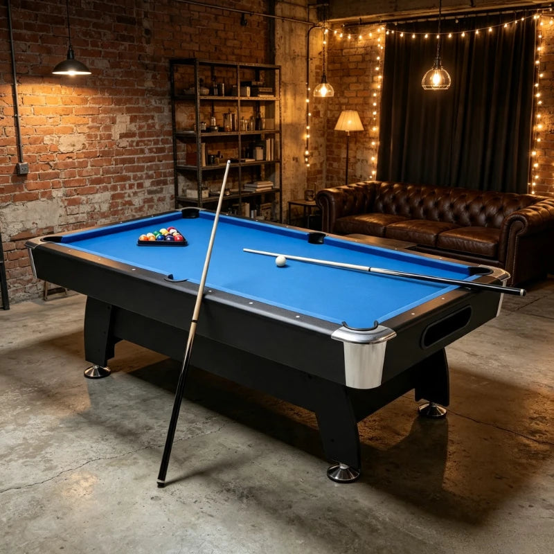Mesa de billar profesional para el hogar de 84", superficie de juego de 7 pies de MDF/alternativa a pizarra, marco de acero con recubrimiento en polvo, paño de lana y nailon azul de calidad de torneo, paquete inicial completo