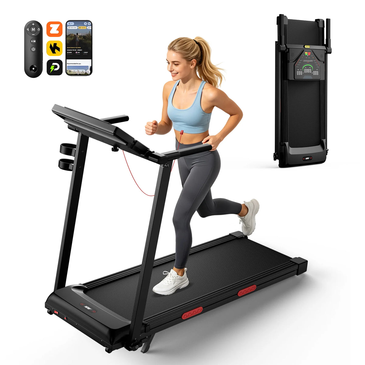 Caminadora plegable para uso doméstico con altavoz Bluetooth, velocidad de 1 a 14 km/h, inclinación del 15 %, control mediante aplicación y consola con barra de apoyo, capacidad máxima de carga de 135 kg, máquina de corr