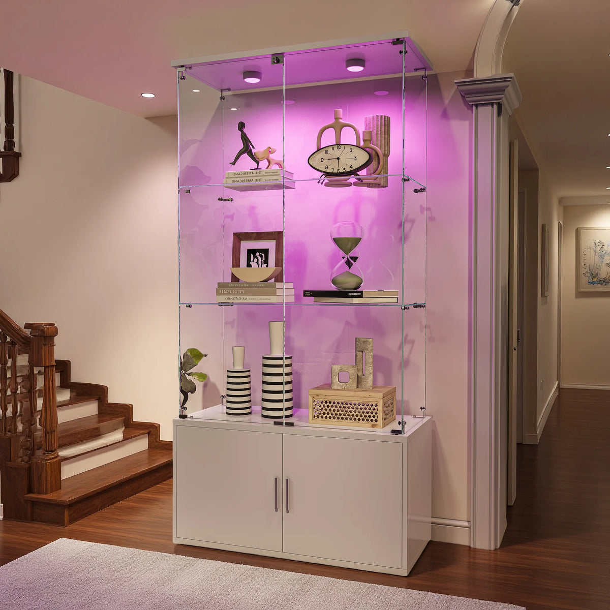 Vitrina expositora de cristal con 2 puertas de cristal con cerradura, armario expositor con 5 estantes de cristal, vitrina de cristal transparente, blanco
