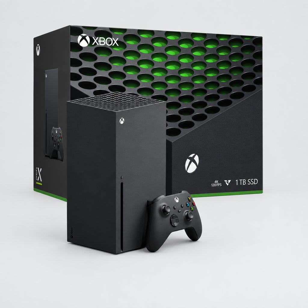 Consola Xbox Series X negra y controlador con caja