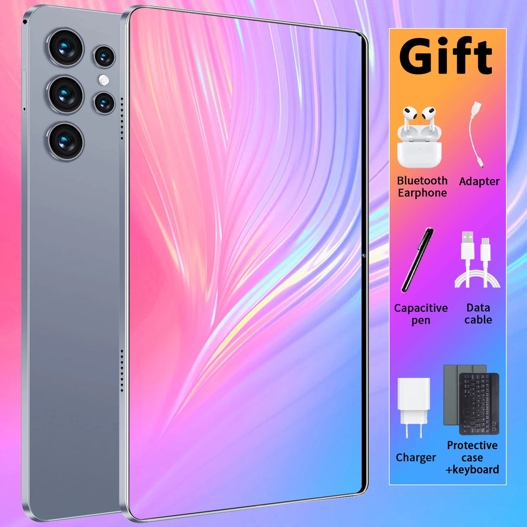 Tableta con pantalla táctil de 10,36 pulgadas, sistema Android 13, chip de 14 núcleos, 16 GB de RAM + 1 TB de almacenamiento, batería de 20 000 mAh, conexión SIM/Wi-Fi, doble cámara para juegos ligeros.