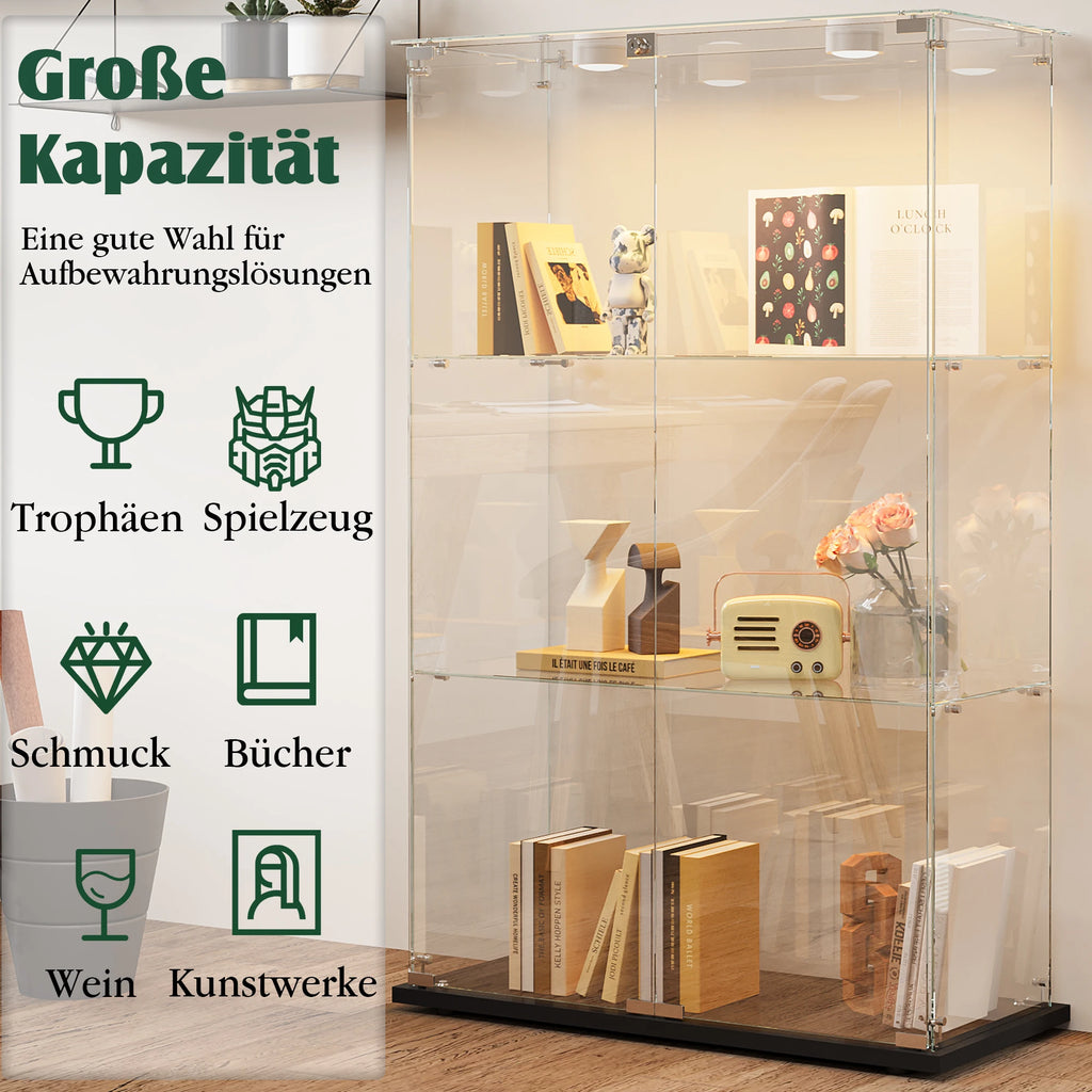 Vitrina de cristal, mueble expositor con iluminación LED, 3 niveles, 2 puertas y cerradura de seguridad, adecuada para salón y dormitorio