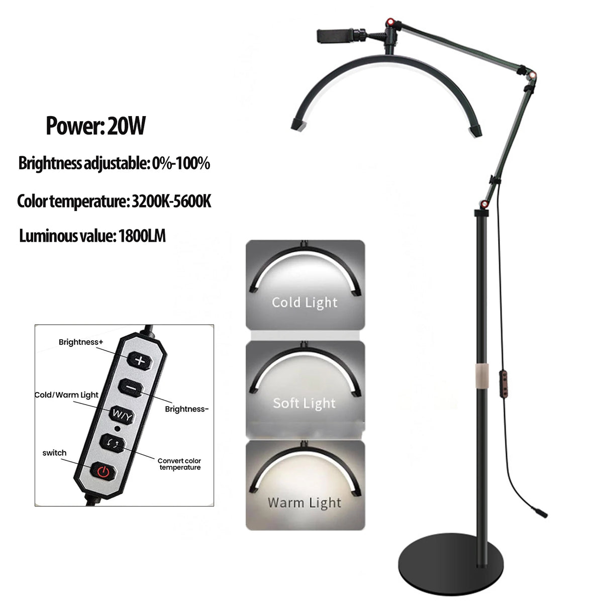 Luz de Relleno LED de Media Luna 3000K-6000K, Lámpara de Luna para Fotografía, Luz de Relleno para Extensiones de Pestañas, Lámparas de Pie de Belleza