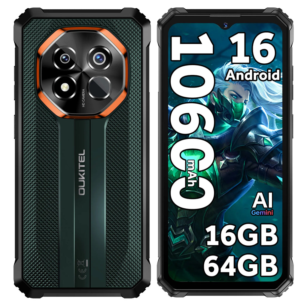 Teléfono inteligente resistente OUKITEL G7, desbloqueado, 16 GB de RAM (4+12) + 64 GB/128 GB/256 GB de ROM, 1 TB TF, pantalla HD de 6,52 pulgadas, IP68/IP69K, teléfono Android 16 resistente, batería de 10600 mAh, pantalla