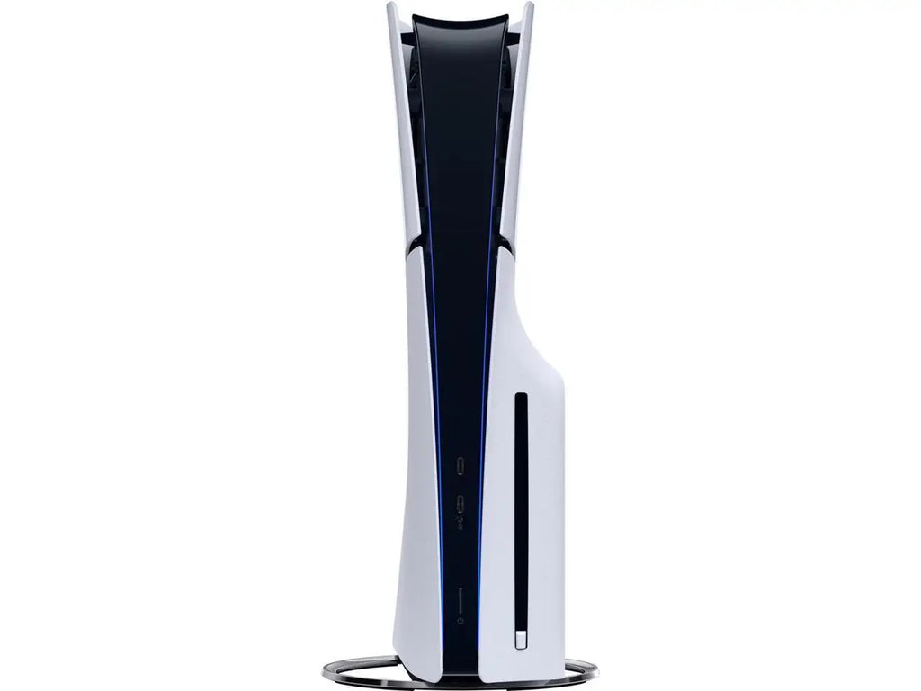 Consola PlayStation 5 Slim blanca en vertical con base, vista frontal.