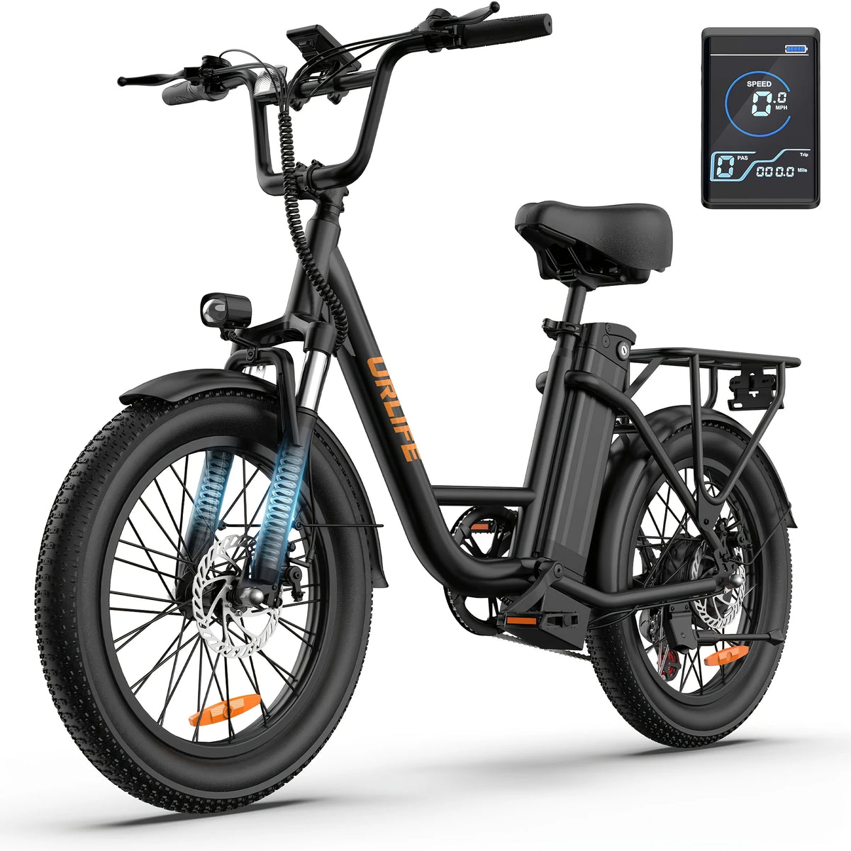 URLIFE E20 Adults Electric Bicycle Peak 250W Motor 48V 13Ah Detachable Lockable Battery 20 Inch 3.0 Fat Tire Shimano 7 Speed Max 25KM/H Dual Disc Shock Absorbing All Terrain E Bike for City Off Road Commute