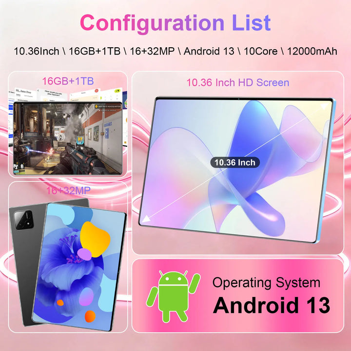 Tablet PC de 10.36 Pulgadas con Envío Rápido desde el Extranjero, Android 13, CPU de 10 Núcleos, 16GB+1TB de Almacenamiento, Batería de 12000mAh de Bajo Consumo, Doble SIM 5G y WiFi Fluido, Cámaras Nítidas para Videolla