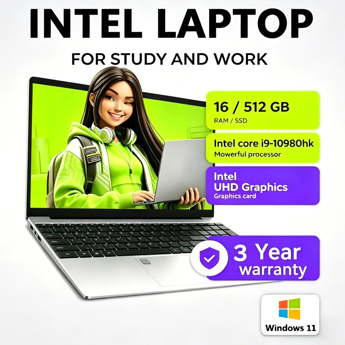 Portátil de 15.6 Pulgadas con Intel Core I9 10980HK, 16GB de RAM, 512GB/1TB/2TB SSD, Windows 11, para Oficina, Estudio y Juegos