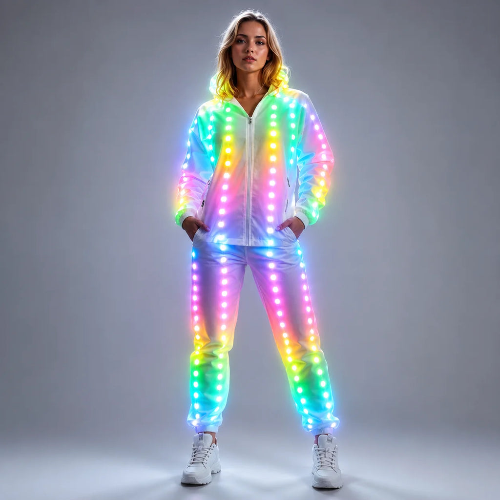 Traje de Luces LED de Píxeles a Todo Color para Chaqueta, Abrigo, Pantalones y Disfraces, Traje Luminoso Creativo para Escenario Exterior y Fiestas Rave