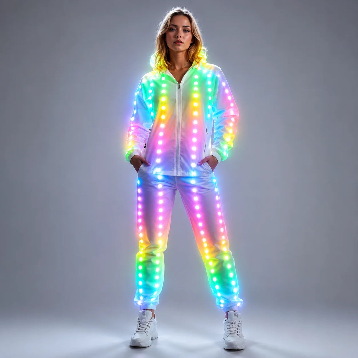 Traje de Luces LED de Píxeles a Todo Color para Chaqueta, Abrigo, Pantalones y Disfraces, Traje Luminoso Creativo para Escenario Exterior y Fiestas Rave