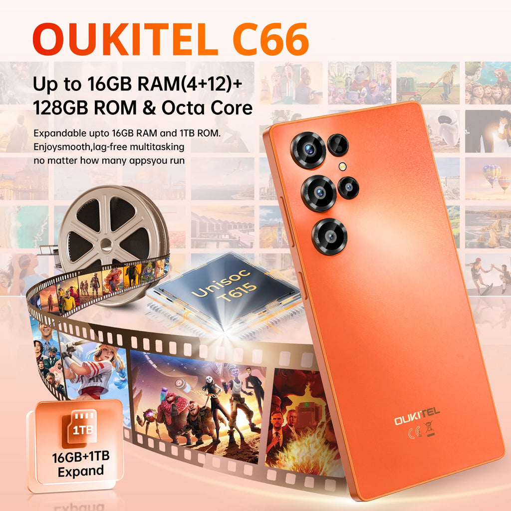 Teléfono Celular Desbloqueado OUKITEL C66 Android 16, Pantalla de 6.73 Pulgadas, Smartphone, 16GB+128GB/1TB, Batería de 5000mAh