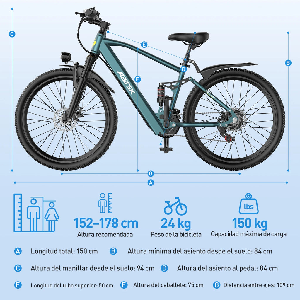 Bicicleta eléctrica de 26" para adultos, batería de 36V 13Ah 468Wh, motor sin escobillas de 250W, 25 km/h con hasta 40 millas de autonomía, transmisión de 21 velocidades, doble suspensión, desbloqueo NFC