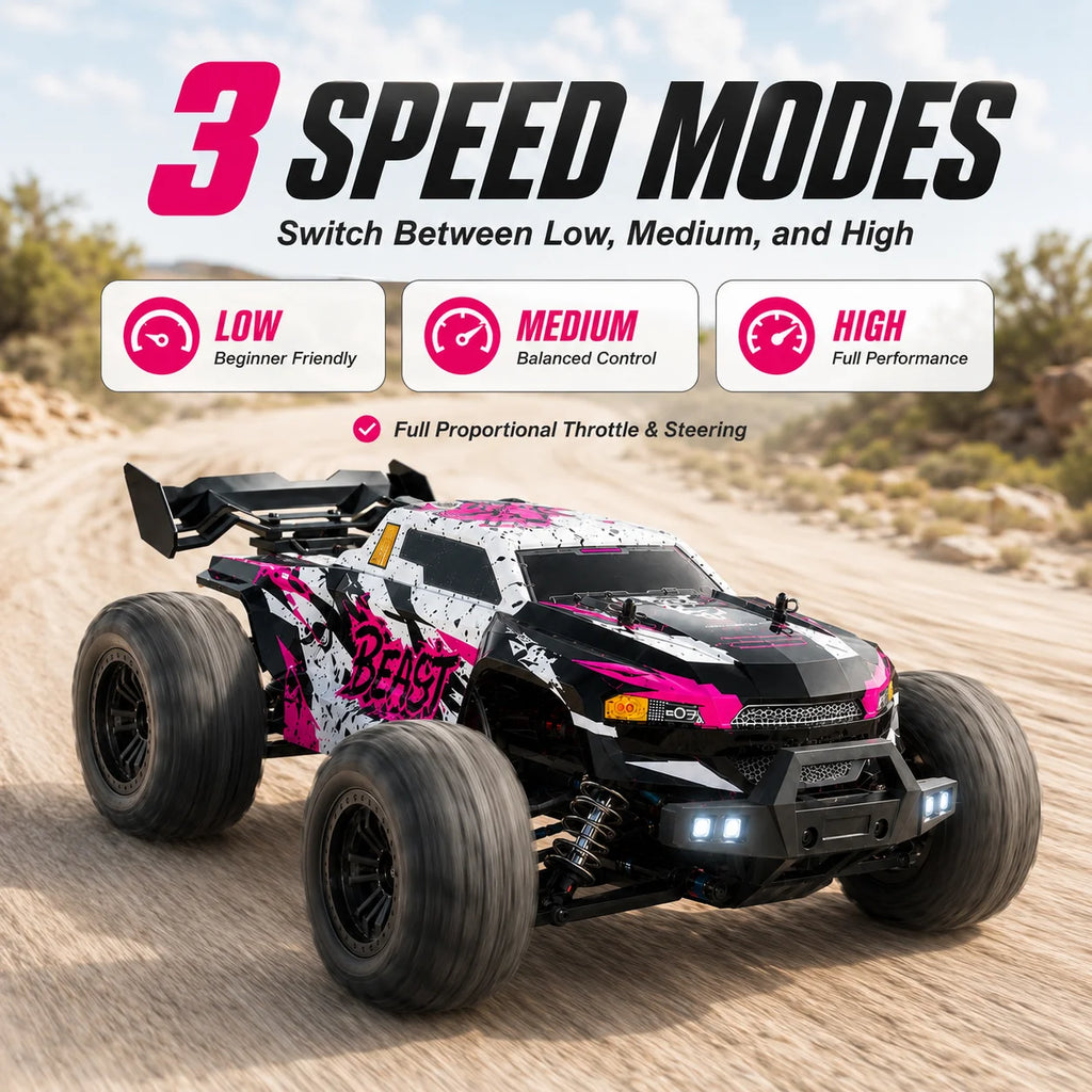 ZNLYRION, coche teledirigido RC todoterreno, camión monstruo 4WD sin escobillas, 2,4 GHz, 3 velocidades ajustables, con faros LED, vehículo RC de gran tamaño para todo tipo de terreno, 2 baterías recargables, juguete RTR