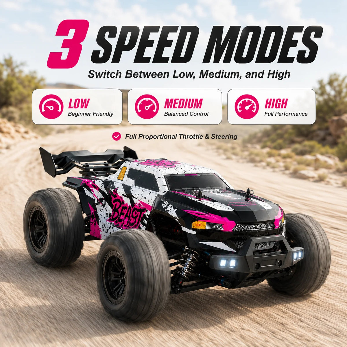 ZNLYRION, coche teledirigido RC todoterreno, camión monstruo 4WD sin escobillas, 2,4 GHz, 3 velocidades ajustables, con faros LED, vehículo RC de gran tamaño para todo tipo de terreno, 2 baterías recargables, juguete RTR