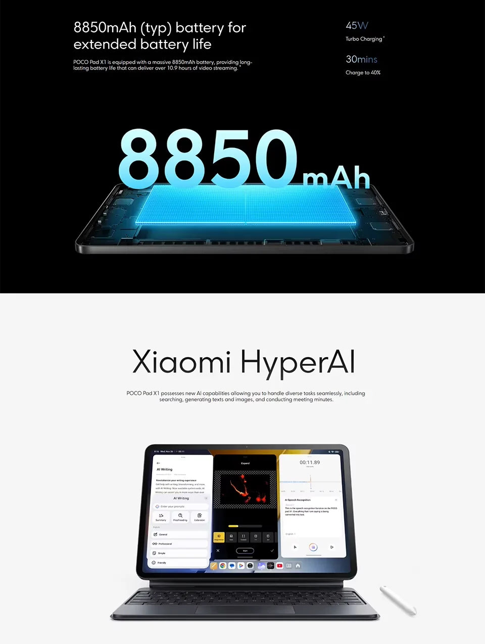 Tableta POCO Pad X1, 8 GB de RAM, 512 GB de almacenamiento, pantalla de 11,2 pulgadas, resolución 3,2K, 144 Hz, pantalla nítida, Wi-Fi 6E, batería de 8850 mAh, procesador Snapdragon 7+ Gen 3, cámara de 13 MP.