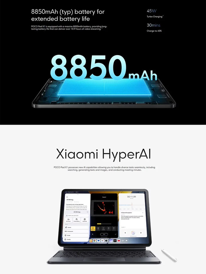 Tableta POCO Pad X1, 8 GB de RAM, 512 GB de almacenamiento, pantalla de 11,2 pulgadas, resolución 3,2K, 144 Hz, pantalla nítida, Wi-Fi 6E, batería de 8850 mAh, procesador Snapdragon 7+ Gen 3, cámara de 13 MP.