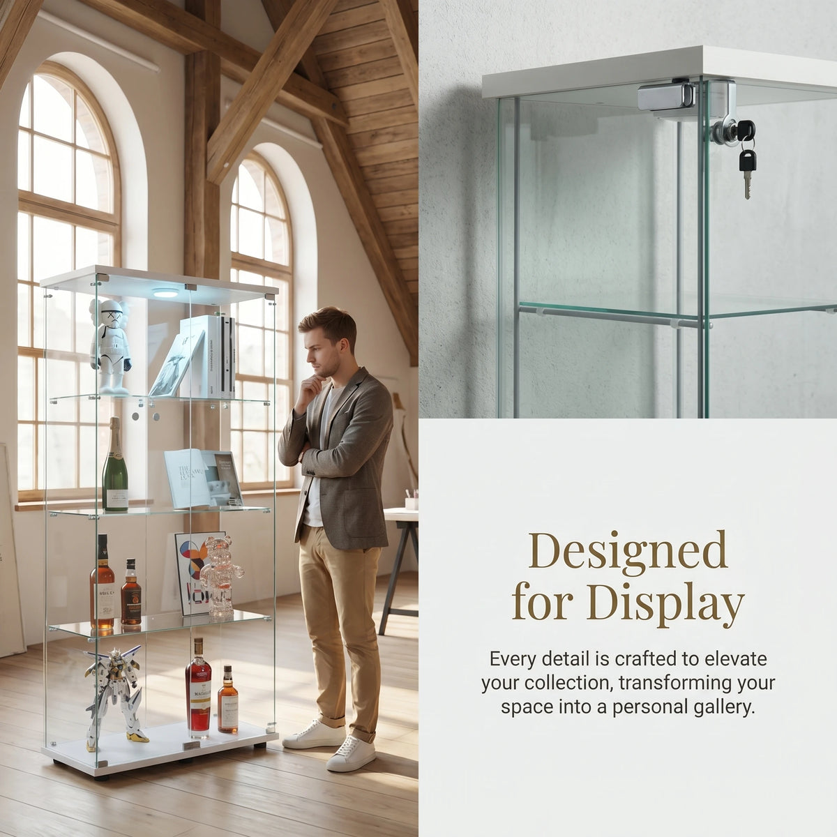 Vitrina de cristal con iluminación LED de 2 puertas, gabinete curio de 4 niveles con estantes de vidrio templado, expositor para coleccionables, figuras, vino o libros para el hogar u oficina