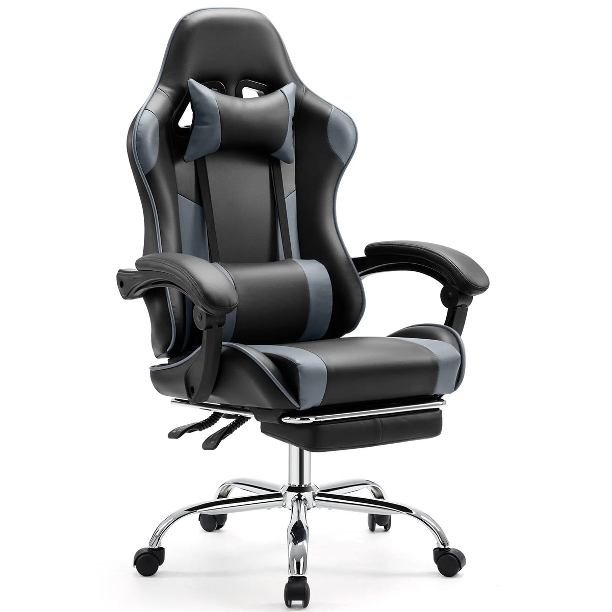 Silla gamer ergonómica negra con reposacabezas, soporte lumbar y base giratoria