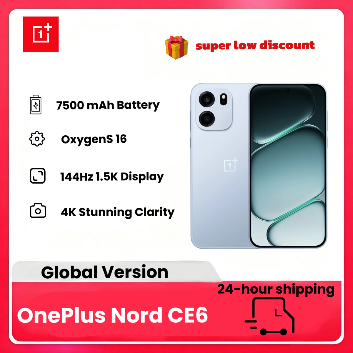 Smartphone OnePlus Nord CE6 2026, Edición Global, 8+256GB, Batería de 7500mAh, OxygenOS16, Snapdragon 7s Gen 4, Cámara de 50MP, Sin cargador