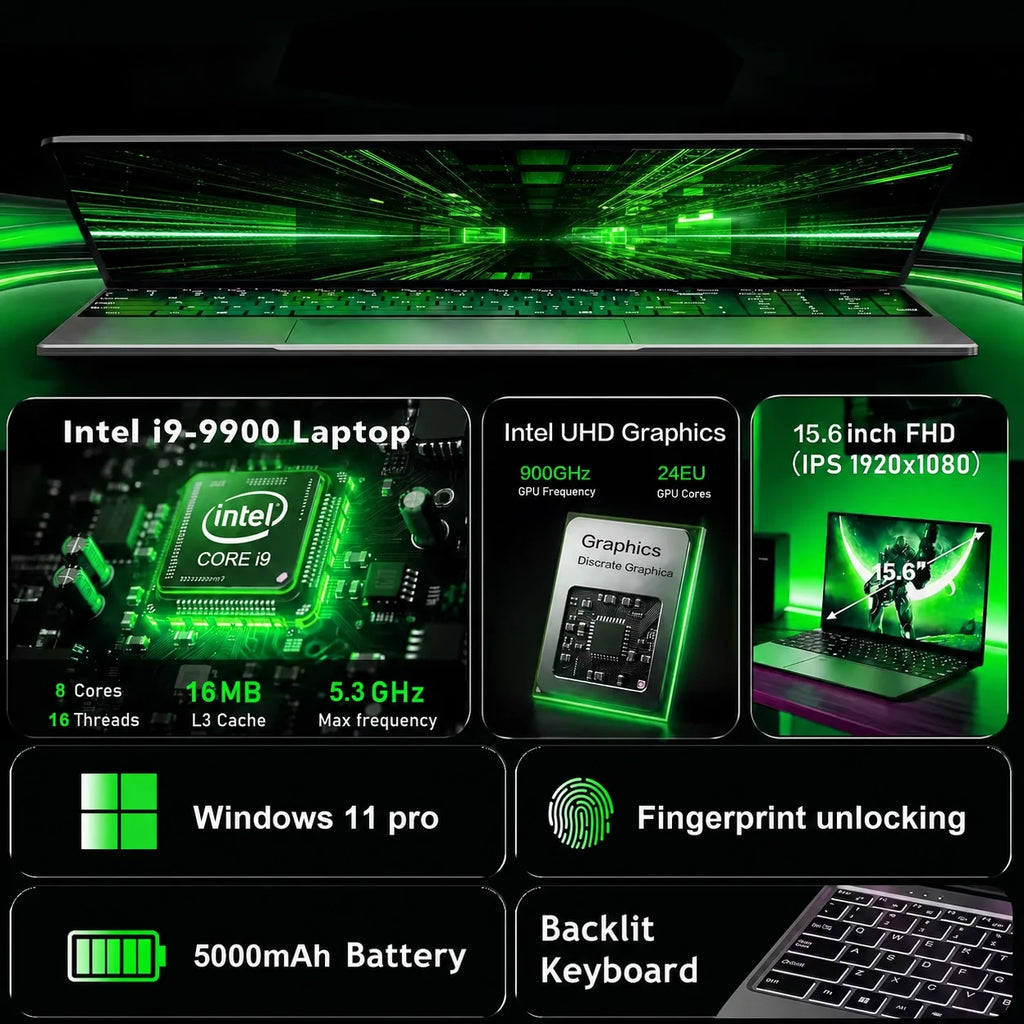 Portátil para Juegos 2026 con Desbloqueo por Huella Dactilar, Pantalla de 15.6', Intel Core I9-9900, Windows 11 Pro, 16GB DDR4, 1TB SSD