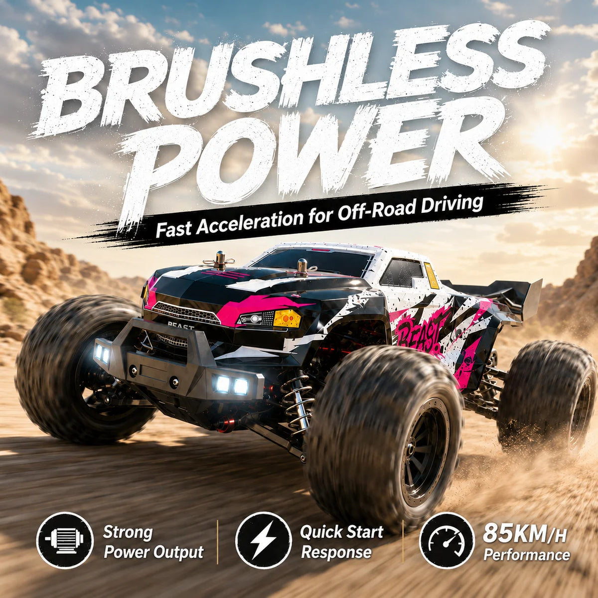 ZNLYRION Camioneta RC Todoterreno con Motor sin Escobillas 4x4, Buggy Todoterreno, Control Remoto de Precisión 2.4G con Interruptor de Luces, Neumáticos Grandes y Resistentes, Auto RC con 2 Baterías, Regalo para Amantes de