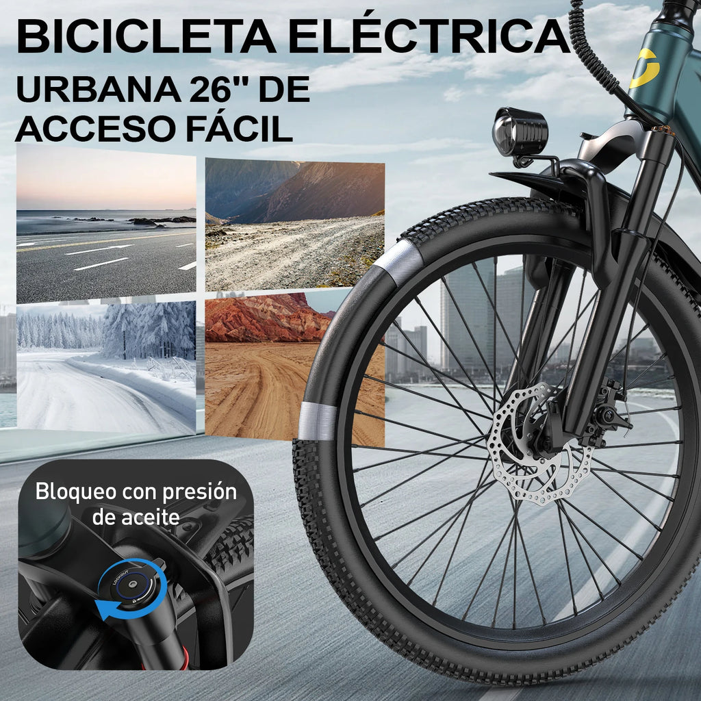 Bicicleta eléctrica de 26" para adultos, batería de 36V 13Ah 468Wh, motor sin escobillas de 250W, 25 km/h con hasta 40 millas de autonomía, transmisión de 21 velocidades, doble suspensión, desbloqueo NFC