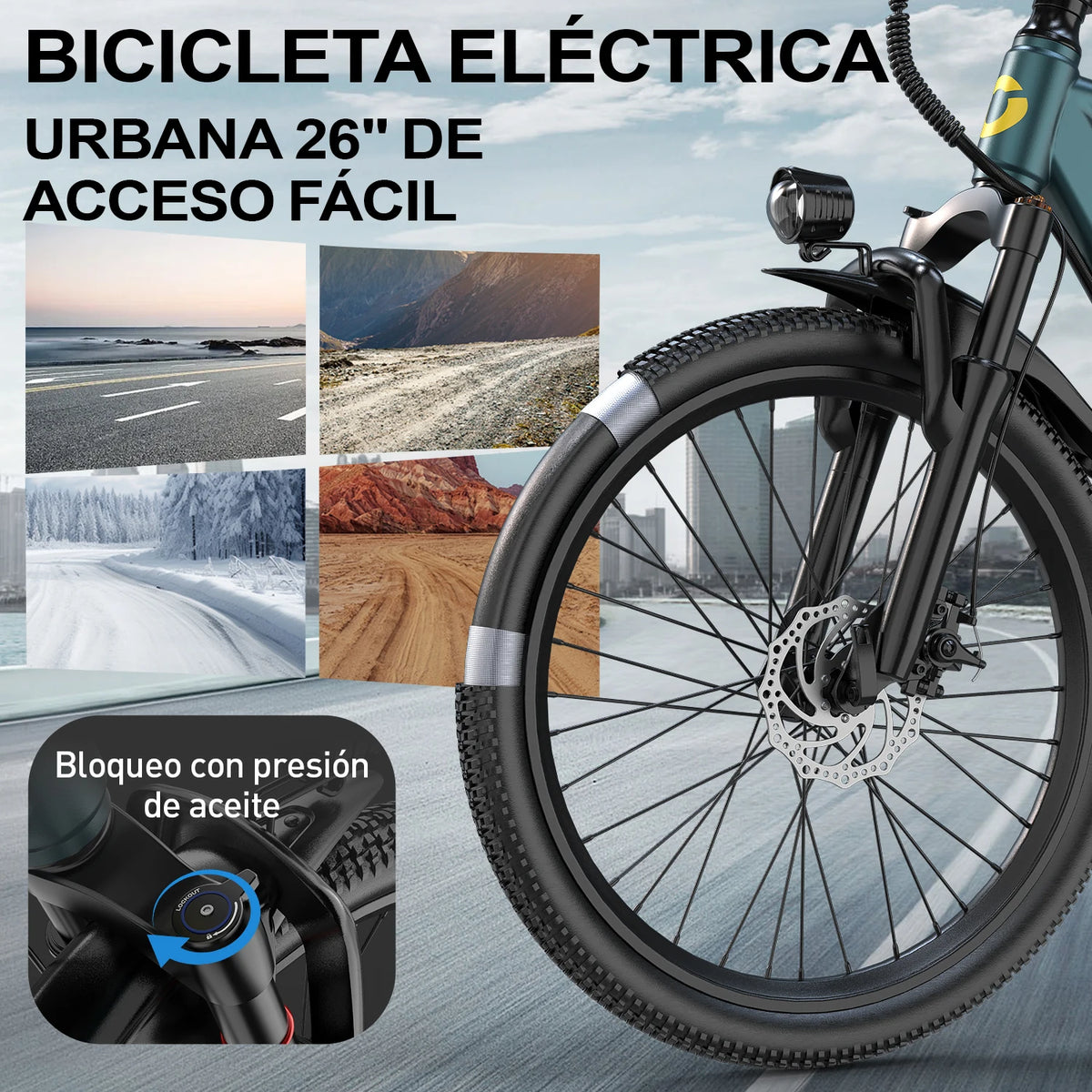 Bicicleta eléctrica de 26" para adultos, batería de 36V 13Ah 468Wh, motor sin escobillas de 250W, 25 km/h con hasta 40 millas de autonomía, transmisión de 21 velocidades, doble suspensión, desbloqueo NFC