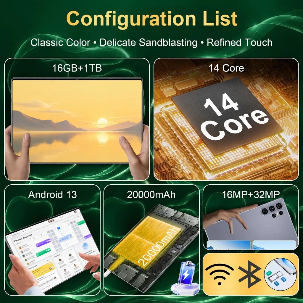 Tableta Android 13 con pantalla de 10.36 pulgadas, procesador de cuatro núcleos, 16 GB de RAM + 1 TB de almacenamiento, batería de 20000 mAh, cámaras frontal de 16 MP y trasera de 32 MP, compatible con SIM y Wi-Fi