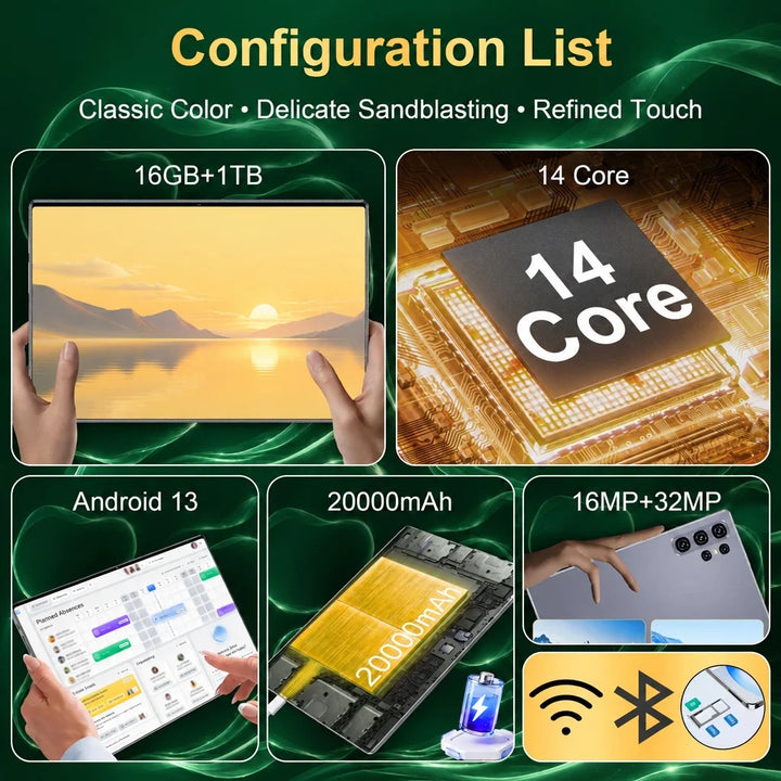 Tableta Android 13 con pantalla de 10.36 pulgadas, procesador de cuatro núcleos, 16 GB de RAM + 1 TB de almacenamiento, batería de 20000 mAh, cámaras frontal de 16 MP y trasera de 32 MP, compatible con SIM y Wi-Fi