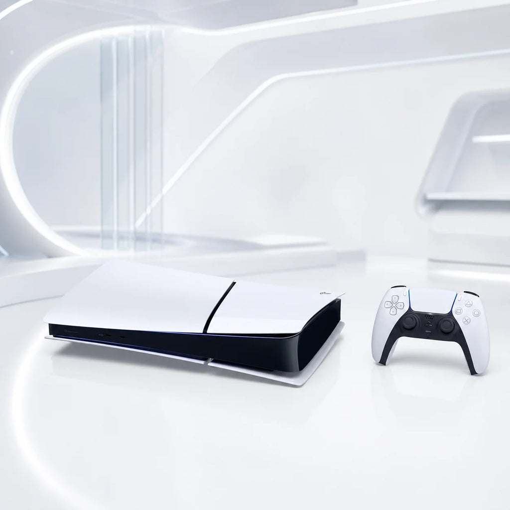 Consola PlayStation 5 Digital Edition en posición horizontal con mando