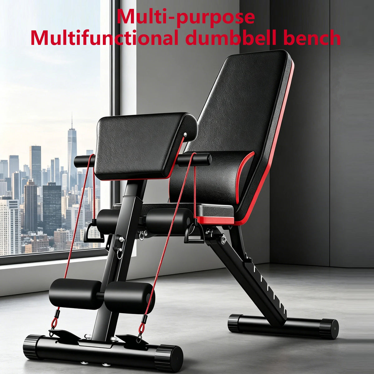 Banco de Pesas Plegable Multifuncional 6 en 1, Banco de Ejercicios con Respaldo Ajustable en 7 Posiciones y Cuerdas de Resistencia para Entrenamiento de Cuerpo Completo en Casa