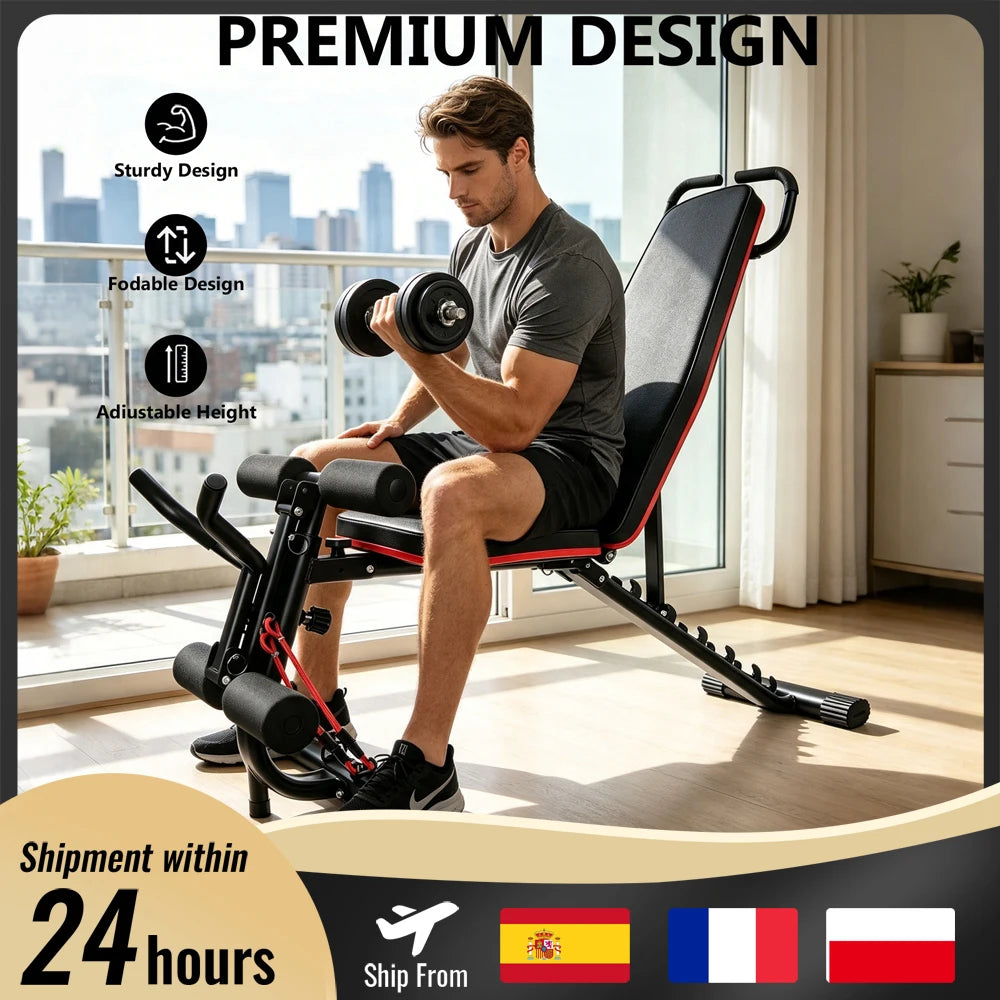 Banco de pesas ajustable multifuncional para entrenamiento en casa con acero de alta resistencia, equipo de ejercicio con respaldo ajustable en 7 posiciones.
