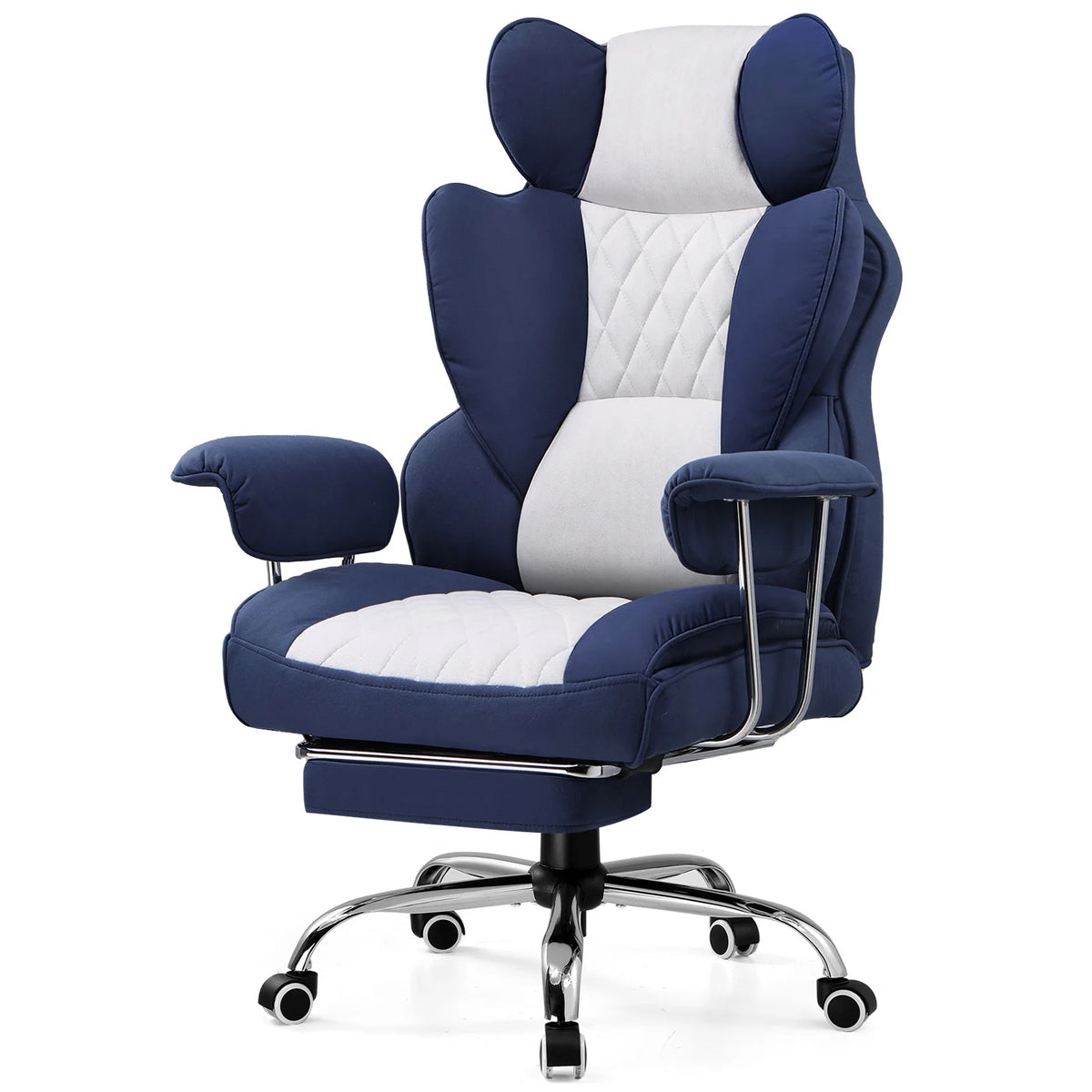 Silla gamer bicolor azul y blanco con reposapiés y soporte lumbar en el respaldo.
