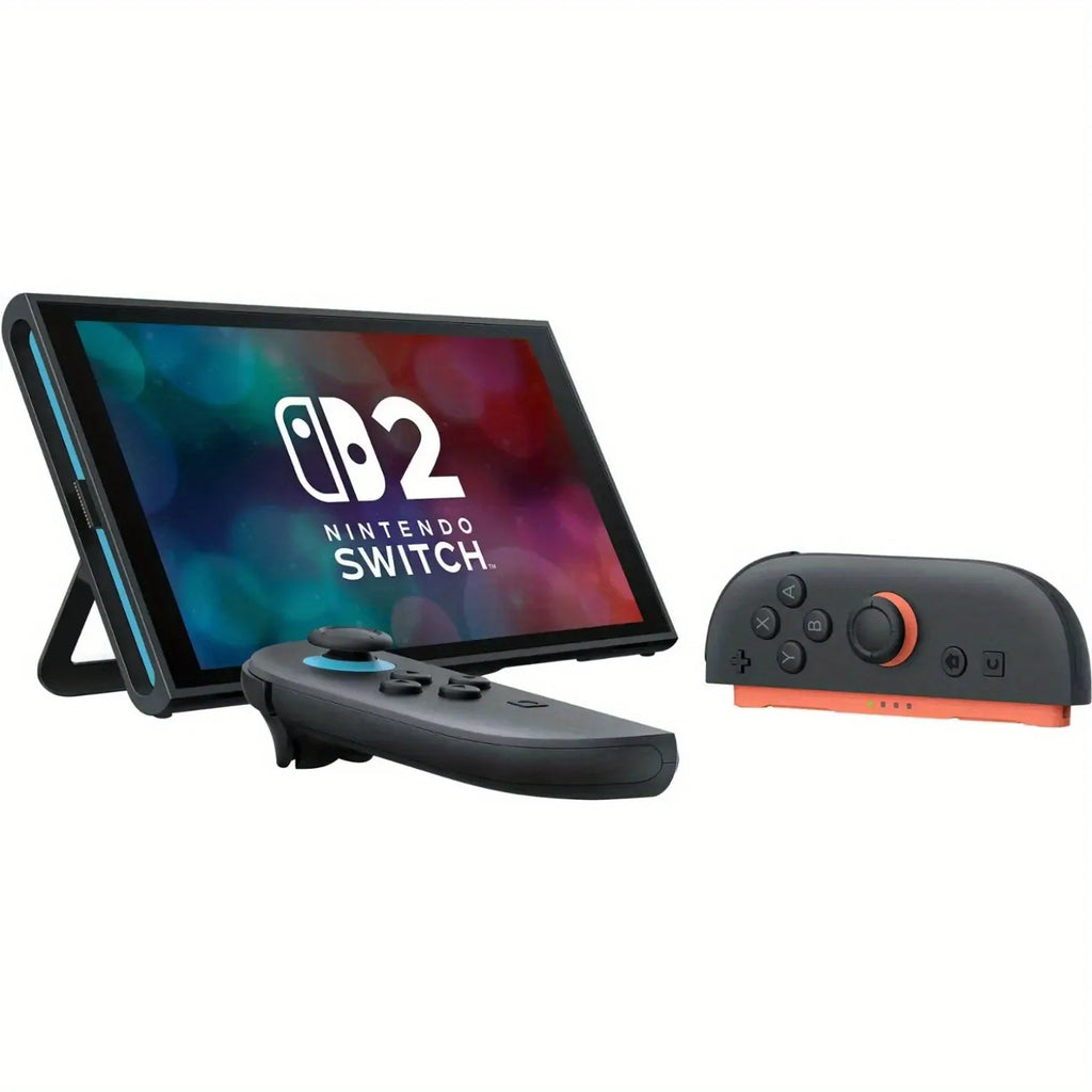 Consola Nintendo Switch 2 con pantalla en soporte y mando con detalles naranjas