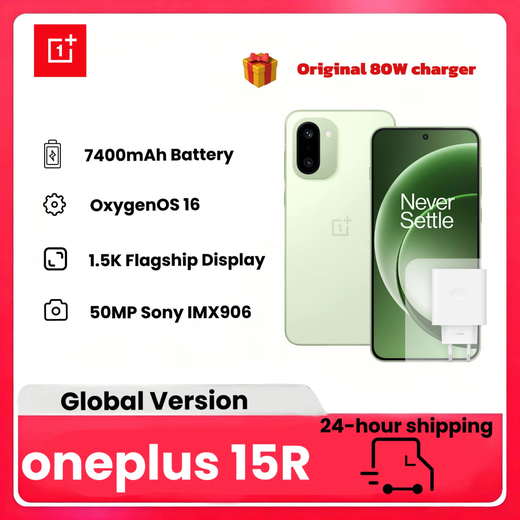 Teléfono móvil OnePlus 15R 5G con IA, 12 GB de RAM, 512 GB de ROM, pantalla AMOLED de 6,83", batería de 7400 mAh, resistencia al agua IP68 y cargador de 80 W