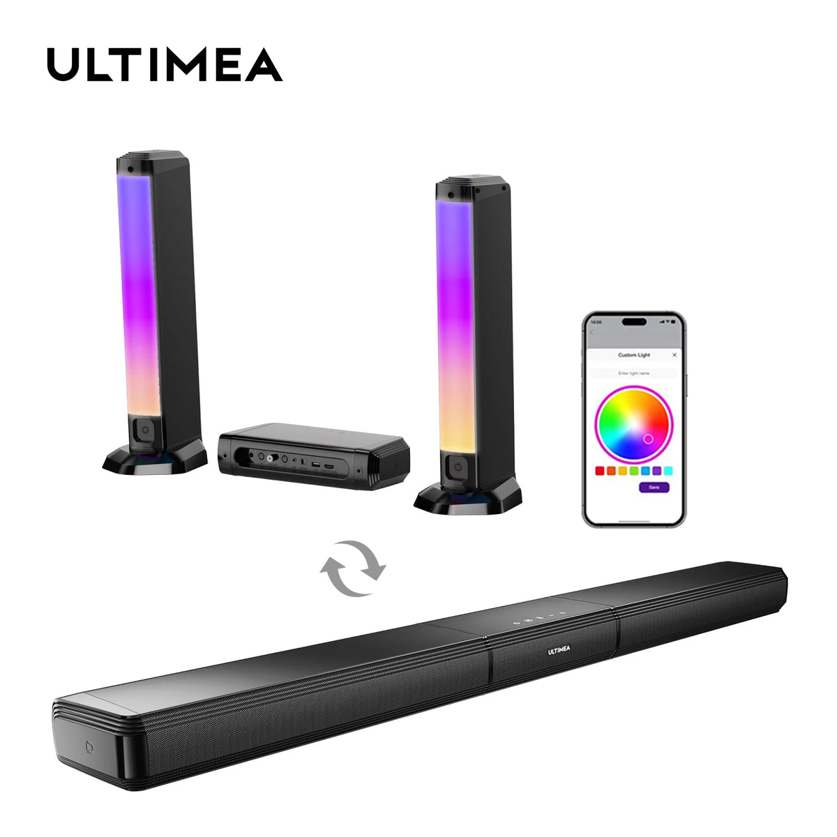 Barra de Sonido ULTIMEA Apollo S70 de 180W y 5.0 Canales para Smart TV, Barra de Sonido para PC con Luz RGB, Barra de Sonido Desmontable para TV con Control por Aplicación, HDMI-ARC/OPT/AUX