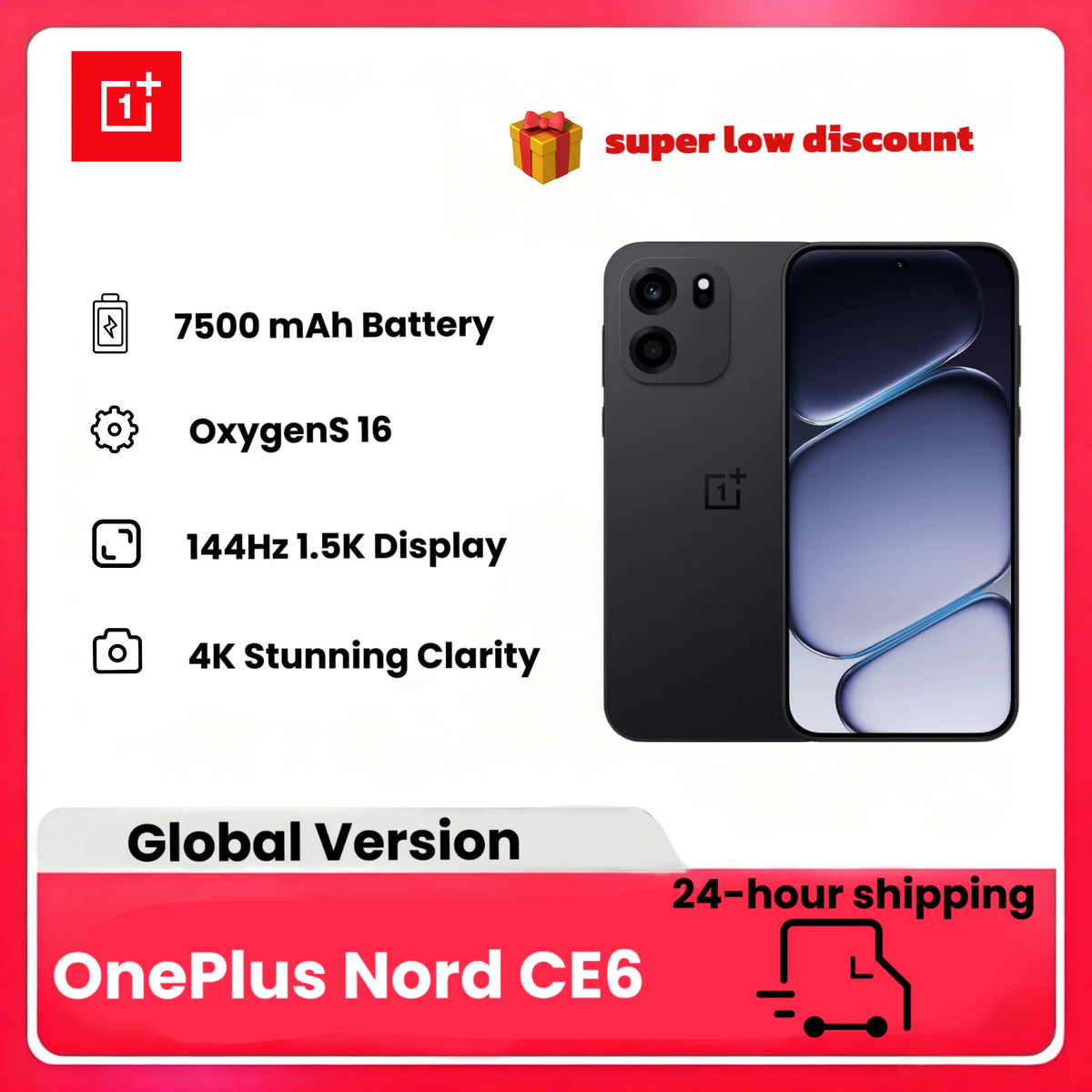 Smartphone OnePlus Nord CE6 2026, Edición Global, 8+256GB, Batería de 7500mAh, OxygenOS16, Snapdragon 7s Gen 4, Cámara de 50MP, Sin cargador
