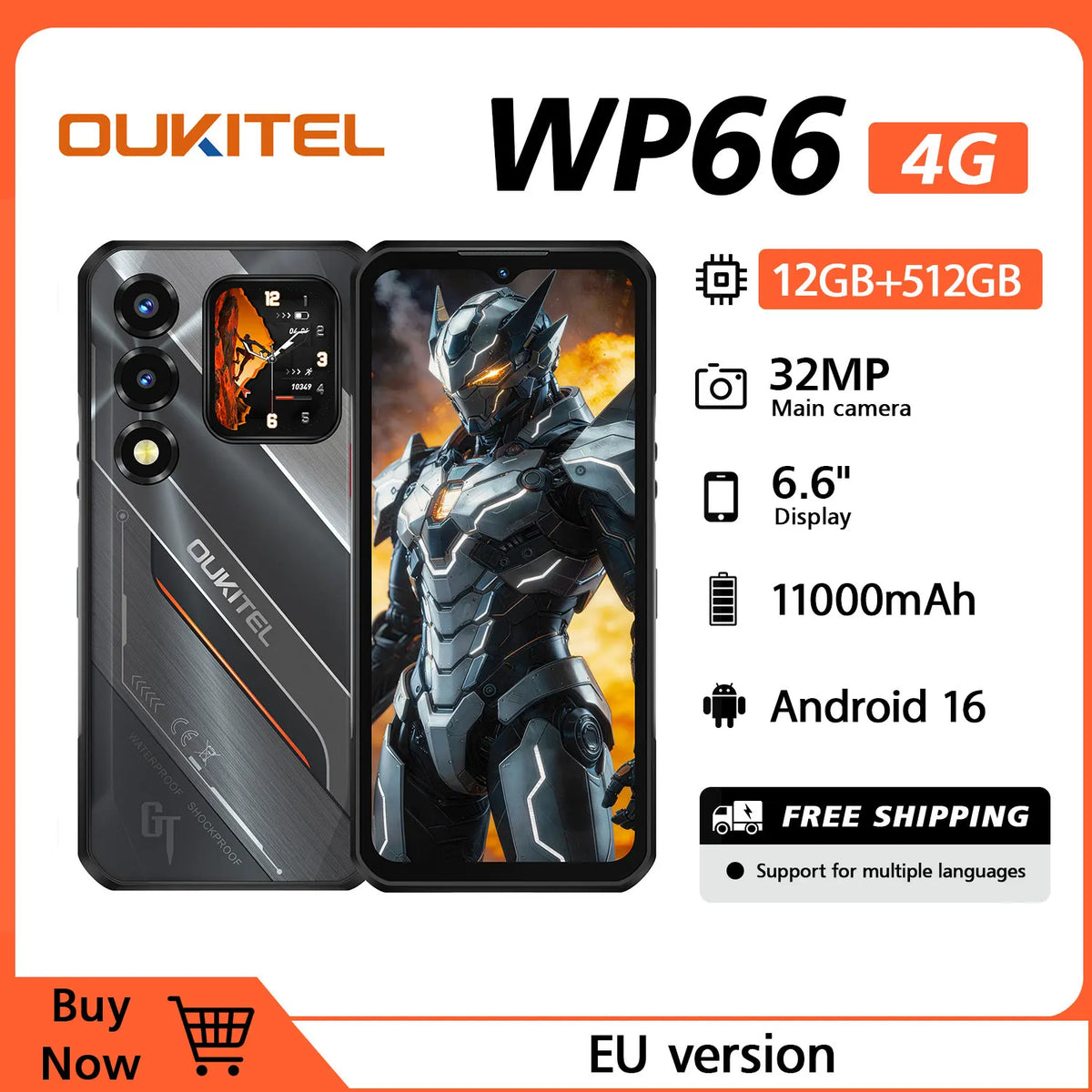 OUKITEL WP66 5G Teléfono Resistente Desbloqueado, Pantalla de 6.6", Smartphone de 11000mAh/33W, 36GB(12+24) RAM + 512GB ROM/TF 2TB, 120HZ