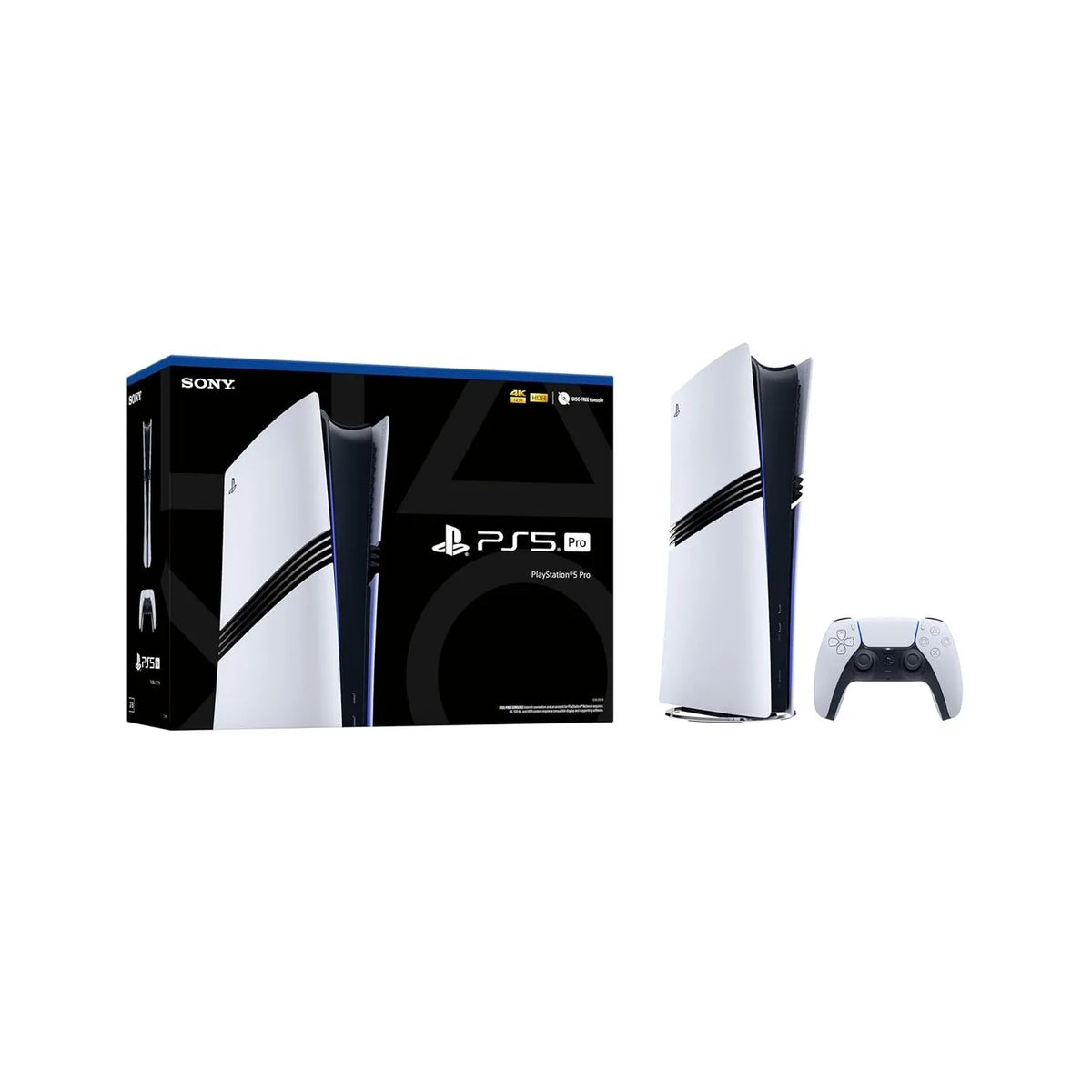 Paquete de consola PS5 Pro blanca y negra con caja y control inalámbrico, vista de frente.