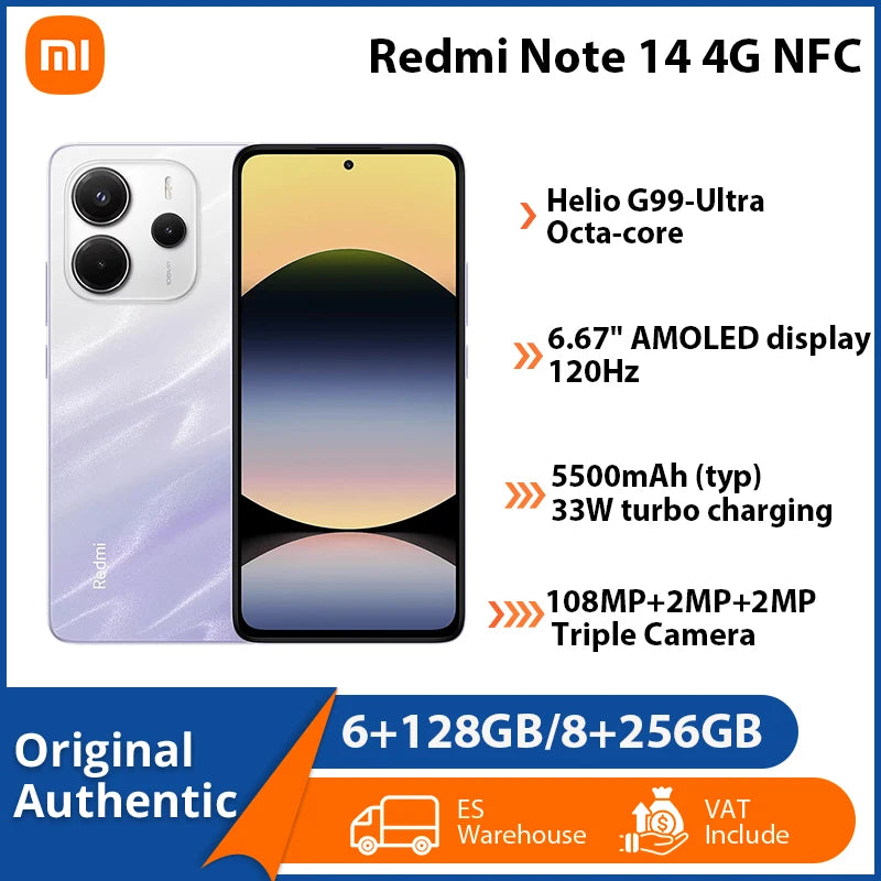 Teléfono móvil Redmi Note 14 4G NFC original, cámara triple de 108MP+2MP+2MP, pantalla AMOLED de 6.67", batería de 5500mAh, procesador octa-core, Xiaomi HyperOS
